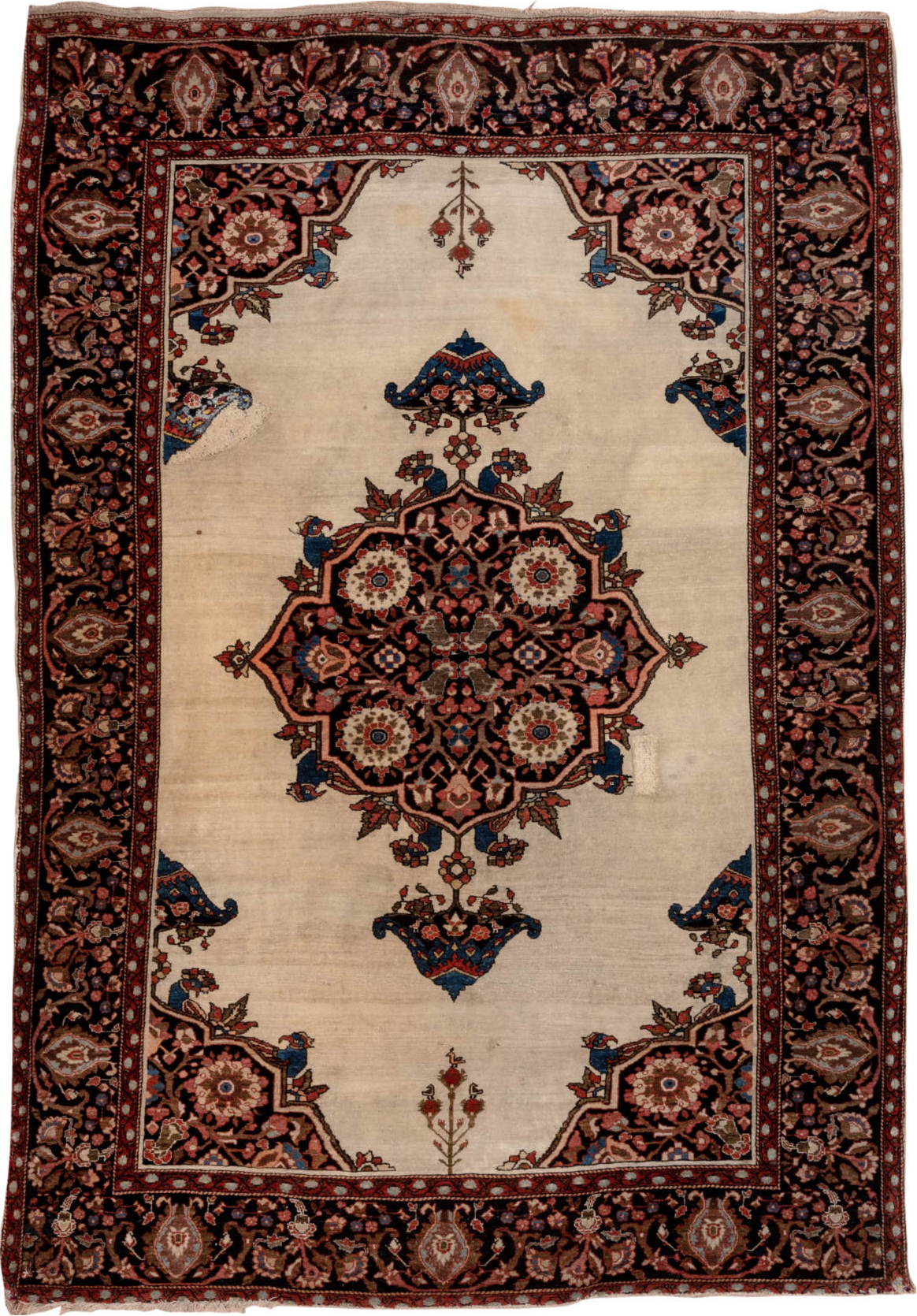 4' x 6' one-of-a-kind handmade vintage Far.Sarouk small size rug. Color palette: brown, gray, blue, black, red, pink, orange