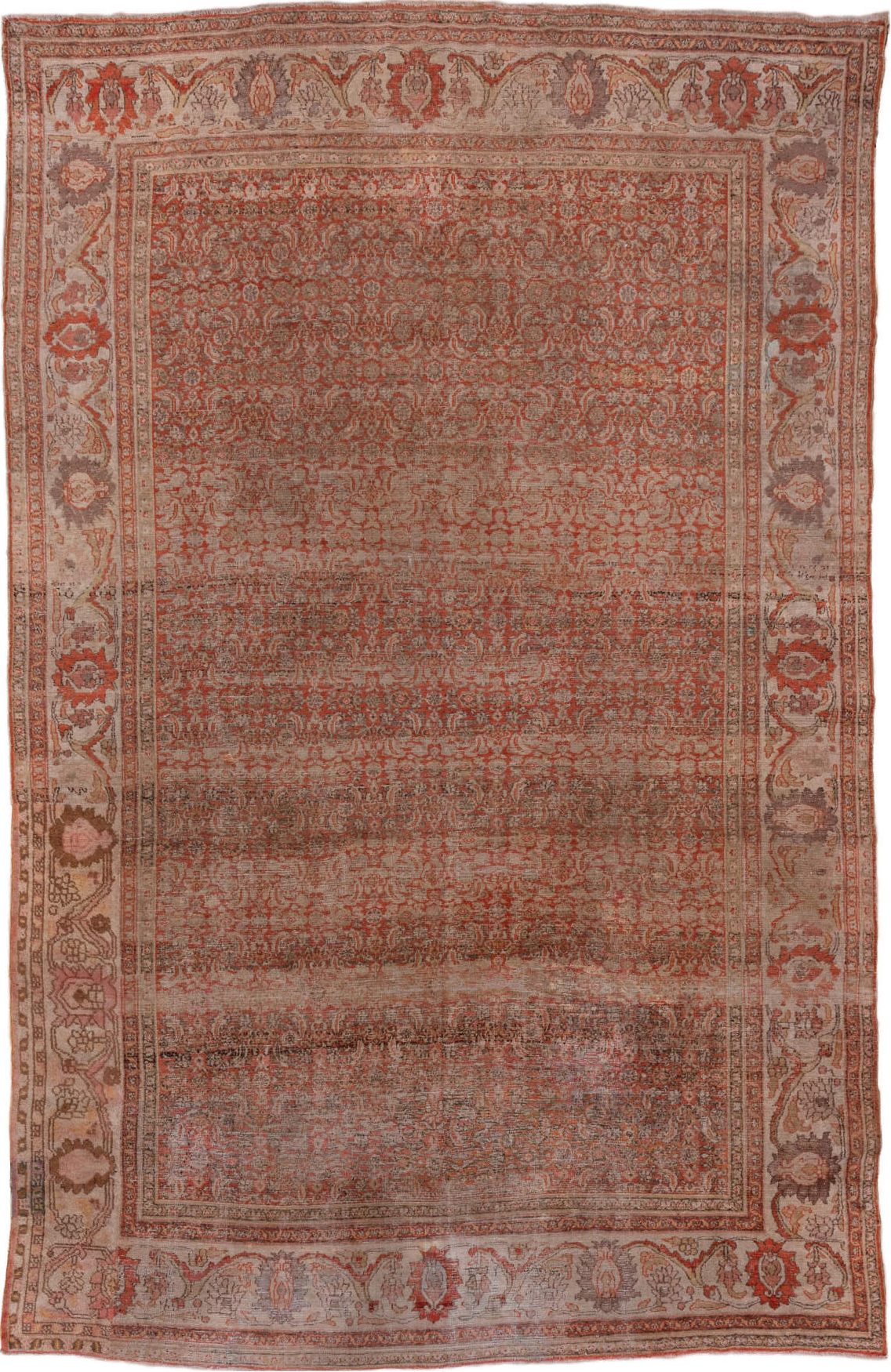 8' x 13' one-of-a-kind handmade vintage Khorassan large size rug. Color palette: brown, gray, linen, off-white, pink