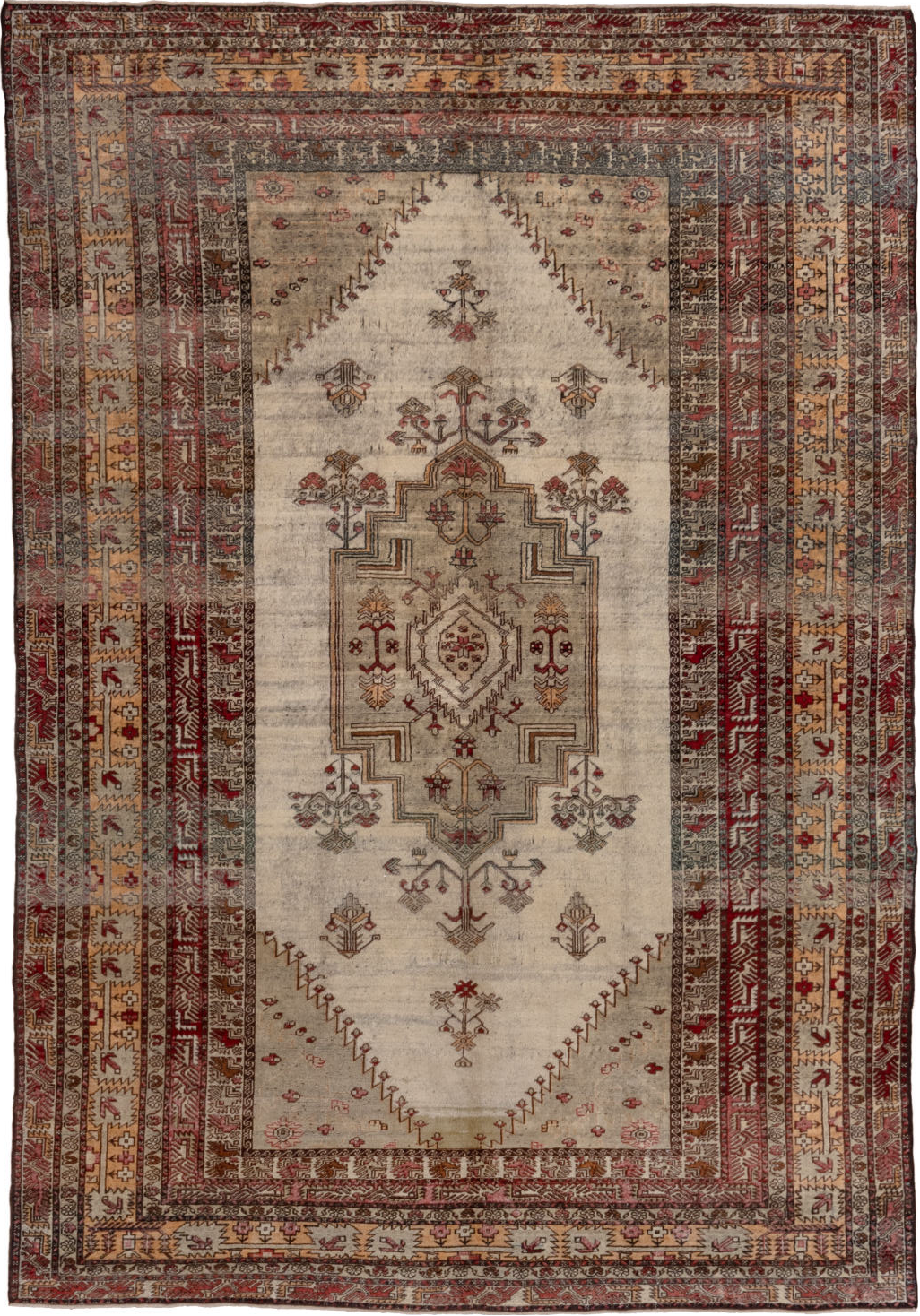 6' x 9' one-of-a-kind handmade vintage Oushak medium size rug. Color palette: brown, gray, pink