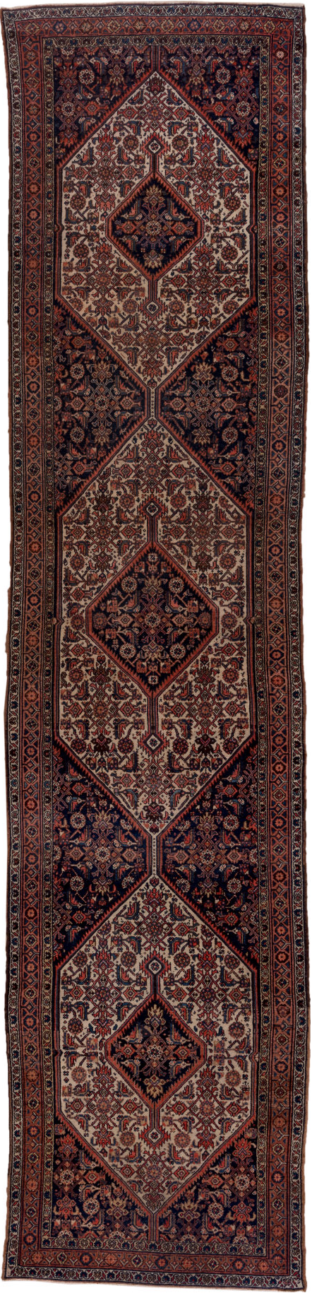 3' x 14' one-of-a-kind handmade vintage Bibikabad runner rug. Color palette: black, brown, gray, pink, red, redwood