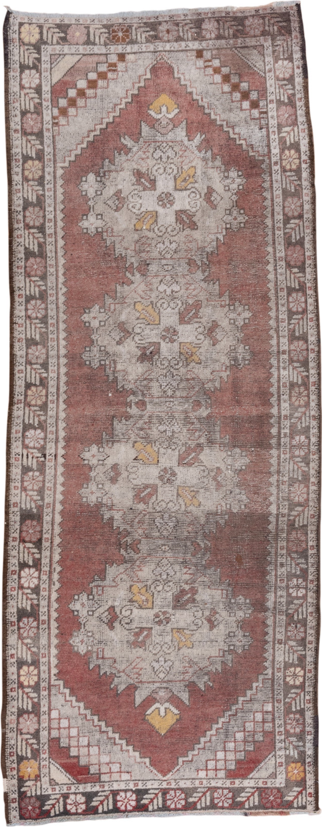 3' x 9' one-of-a-kind handmade vintage Oushak runner rug. Color palette: brown, gray, light gray, pink, silver