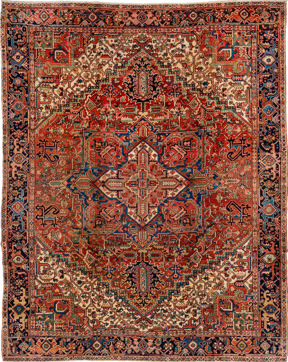 8' x 10' one-of-a-kind handmade vintage Heriz large size rug. Color palette: blue, gray, brown, red, pink, orange, off-white