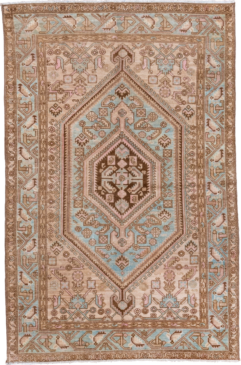 4' x 6' one-of-a-kind handmade vintage Malayer small size rug. Color palette: brown, gray, light gray, off-white, pink