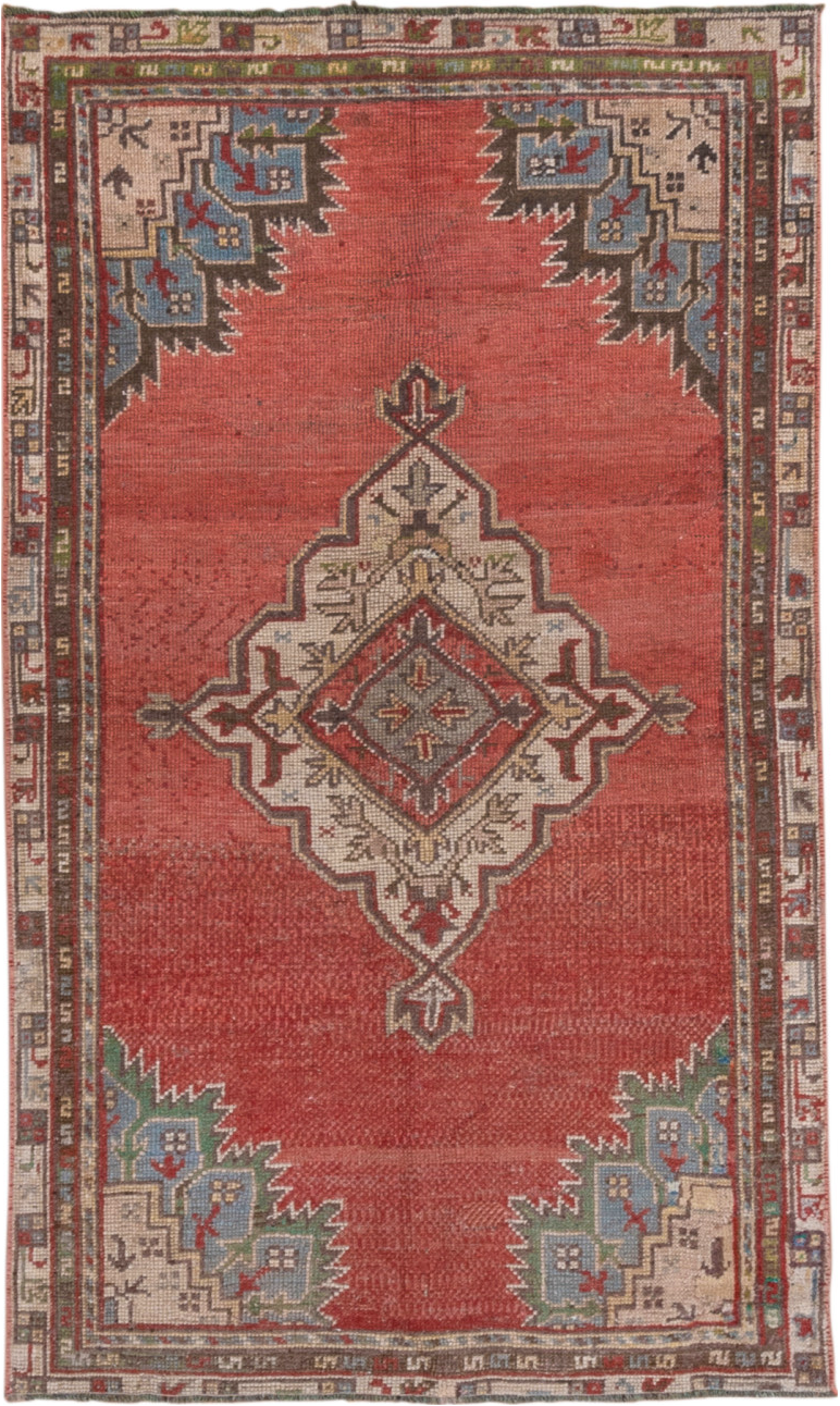 3' x 5' one-of-a-kind handmade vintage Oushak small size rug. Color palette: brown, pink, red, gray