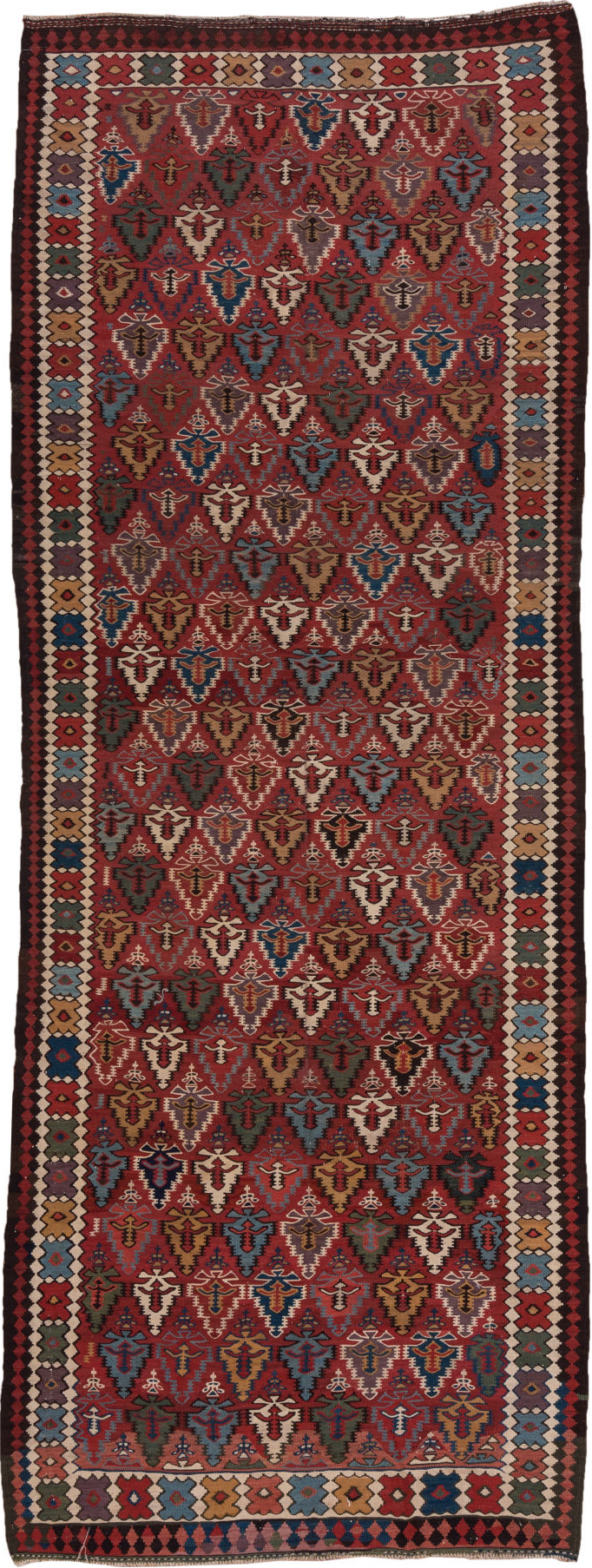 5' x 13' one-of-a-kind handmade vintage Kilim rug. Color palette: gray, red, brown, pink, blue