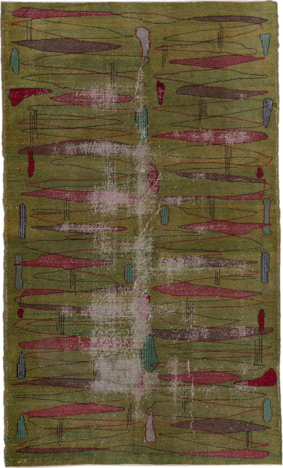5' x 8' one-of-a-kind handmade vintage Art Deco medium size rug. Color palette: brown, gray, pink, red, redwood, wine