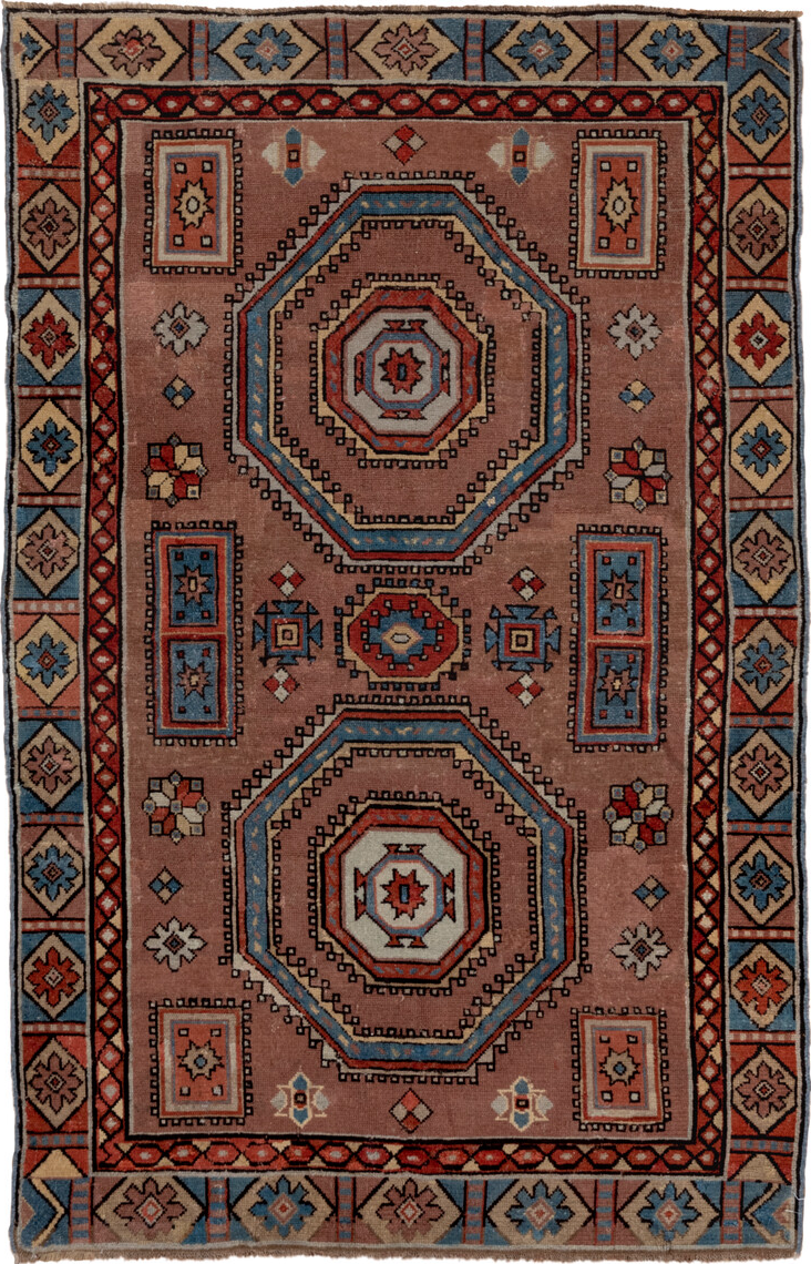 3' x 5' one-of-a-kind handmade vintage Caucasian small size rug. Color palette: black, blue, gray, brown, arapawa