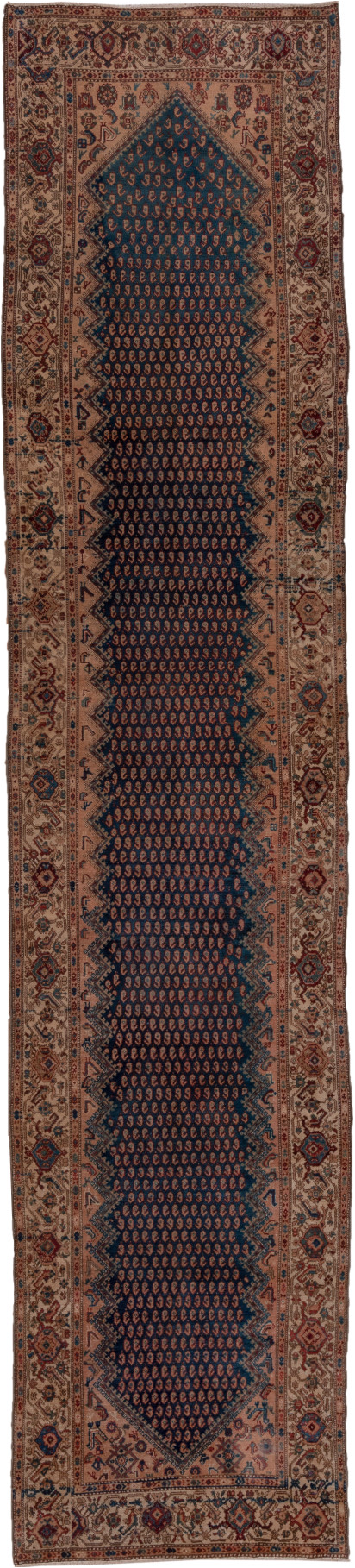 3' x 16' one-of-a-kind handmade vintage Malayer runner rug. Color palette: blue, brown, dim gray, gray, off-white, pink