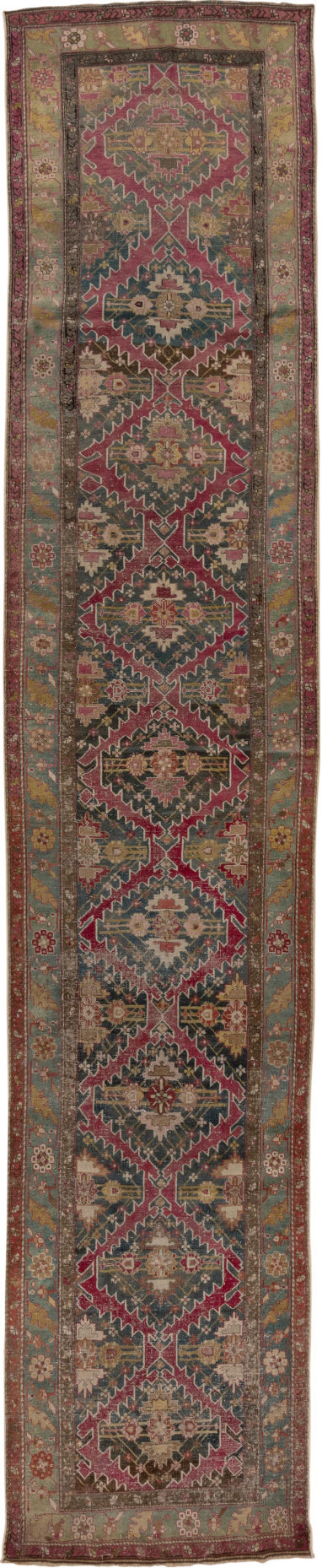 3' x 17' one-of-a-kind handmade vintage Karabagh runner rug. Color palette: black, brown, charcoal, gray, off-white, pink
