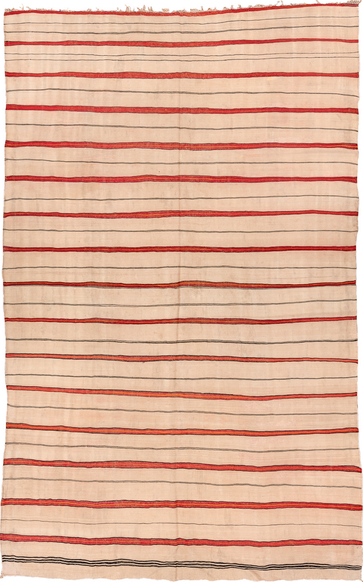 5' x 8' one-of-a-kind handmade vintage Kilim medium size rug. Color palette: orange, off-white, brown, red, pink, peach puff