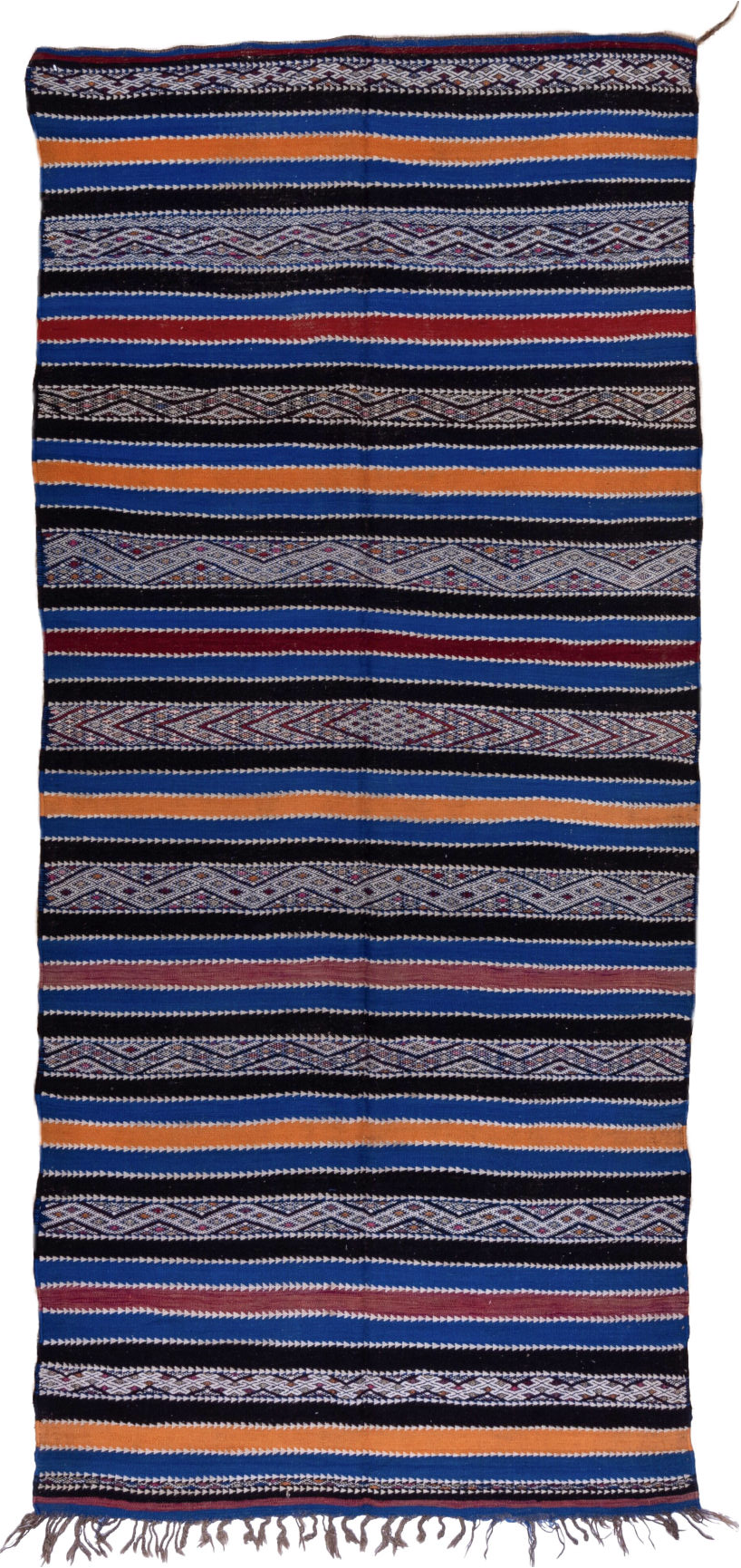 5' x 11' one-of-a-kind handmade vintage Kilim rug. Color palette: black, blue, brown, gray, light gray, purple, red