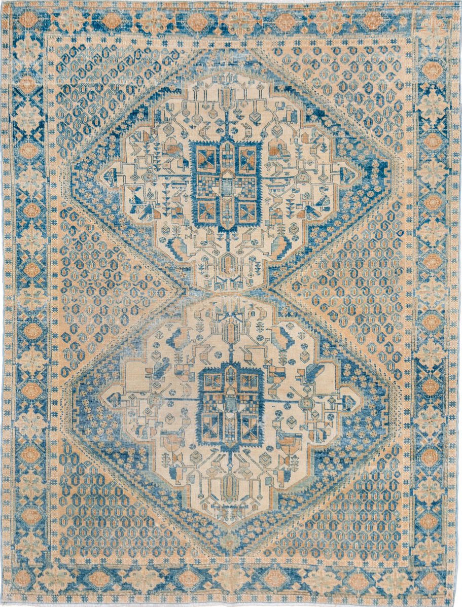 5' x 6' one-of-a-kind handmade vintage Afshar rug. Color palette: off-white, gray, blue, light gray, brown, orange