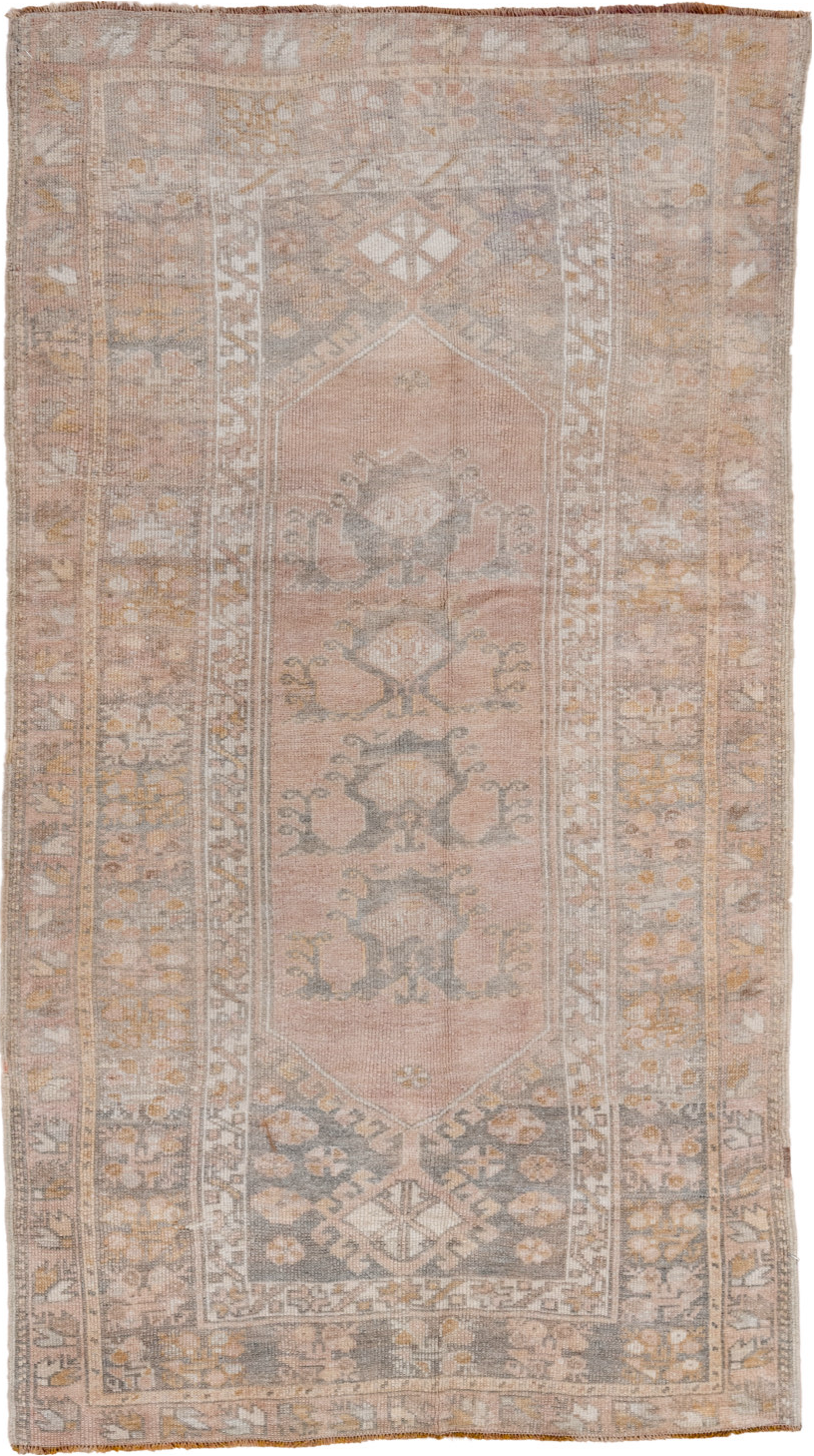 3' x 5' one-of-a-kind handmade vintage Oushak small size rug. Color palette: gray, pink, light gray, off-white, brown