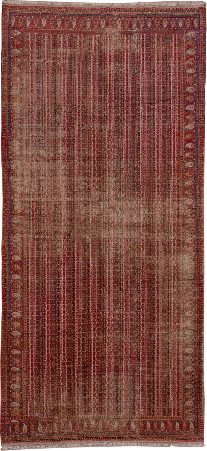 6' x 12' one-of-a-kind handmade vintage Ghordes large size rug. Color palette: black, blue, brown, charcoal, gray, pink, red
