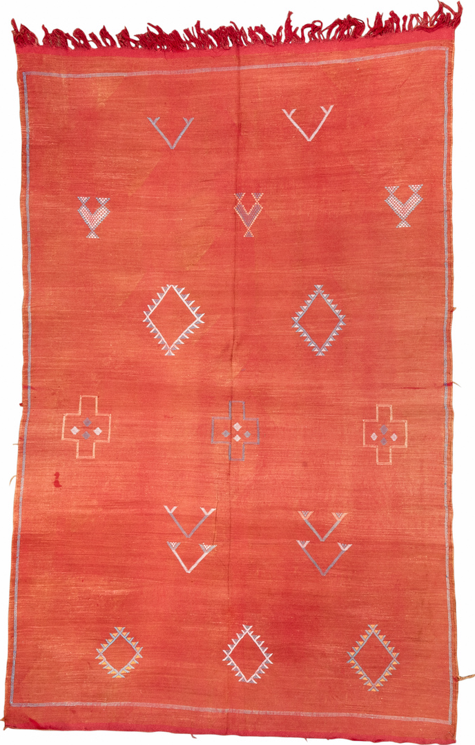 6' x 9' one-of-a-kind handmade vintage Cactus Kilim medium size rug. Color palette: pink, brown, red, orange, off-white