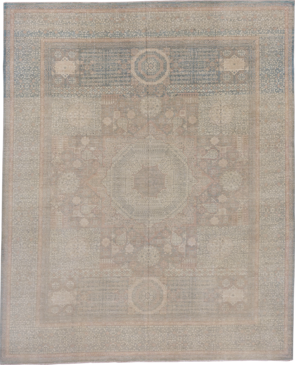 8' x 10' one-of-a-kind handmade vintage Afghan large size rug. Color palette: gray, pink, light gray, off-white, dark gray
