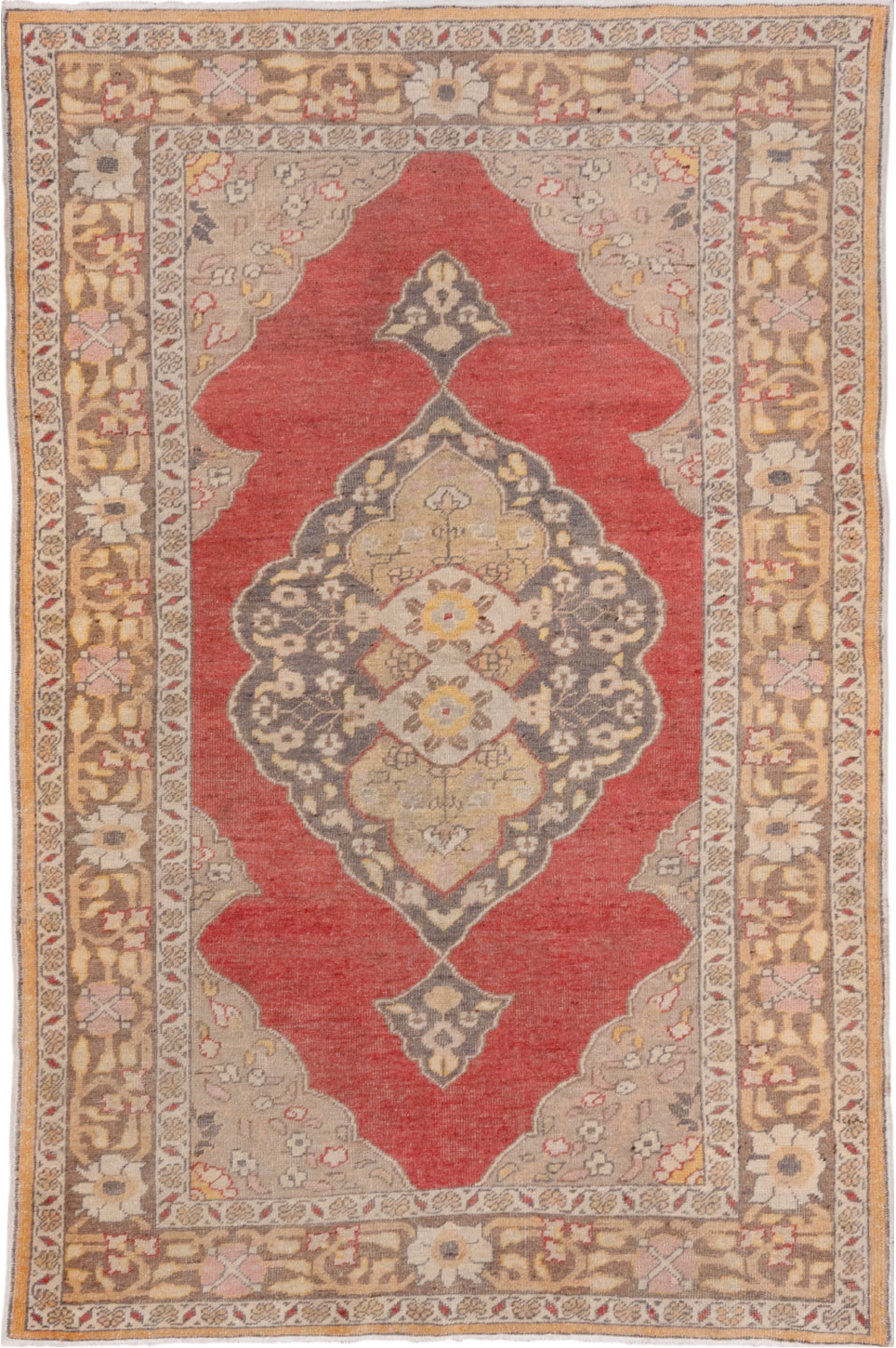 4' x 6' one-of-a-kind handmade vintage Oushak small size rug. Color palette: brown, burlywood, gray, light gray, off-white