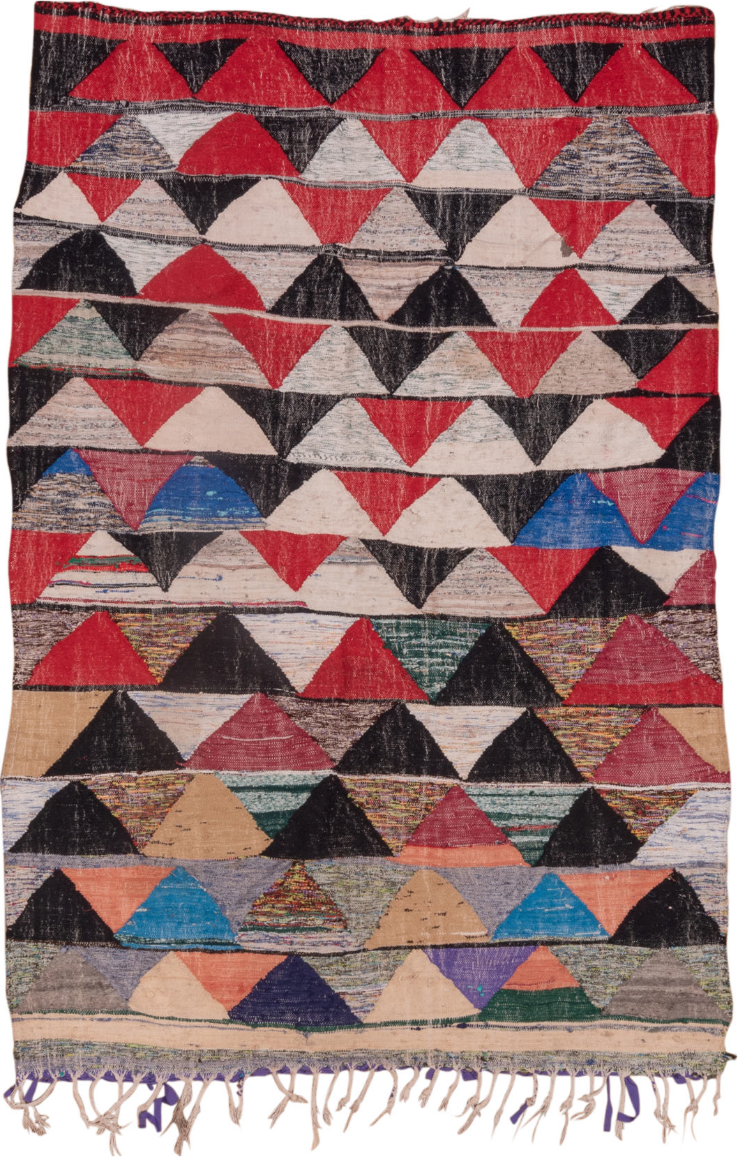 5' x 8' one-of-a-kind handmade vintage Rag Rug medium size rug. Color palette: black, blue, brown, charcoal, dim gray, gray