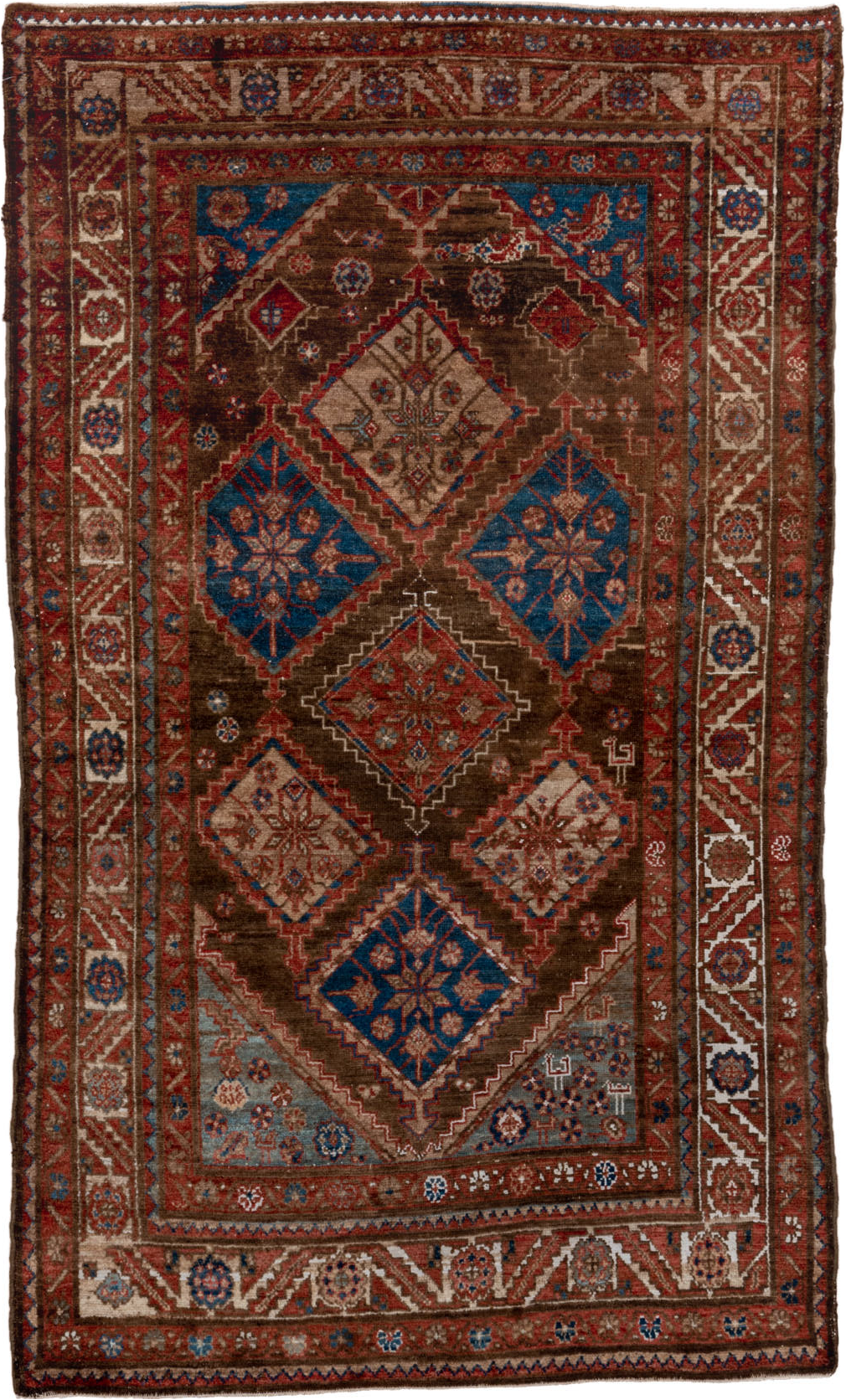 4' x 7' one-of-a-kind handmade vintage Malayer rug. Color palette: gray, black, blue, brown, light gray, off-white, pink