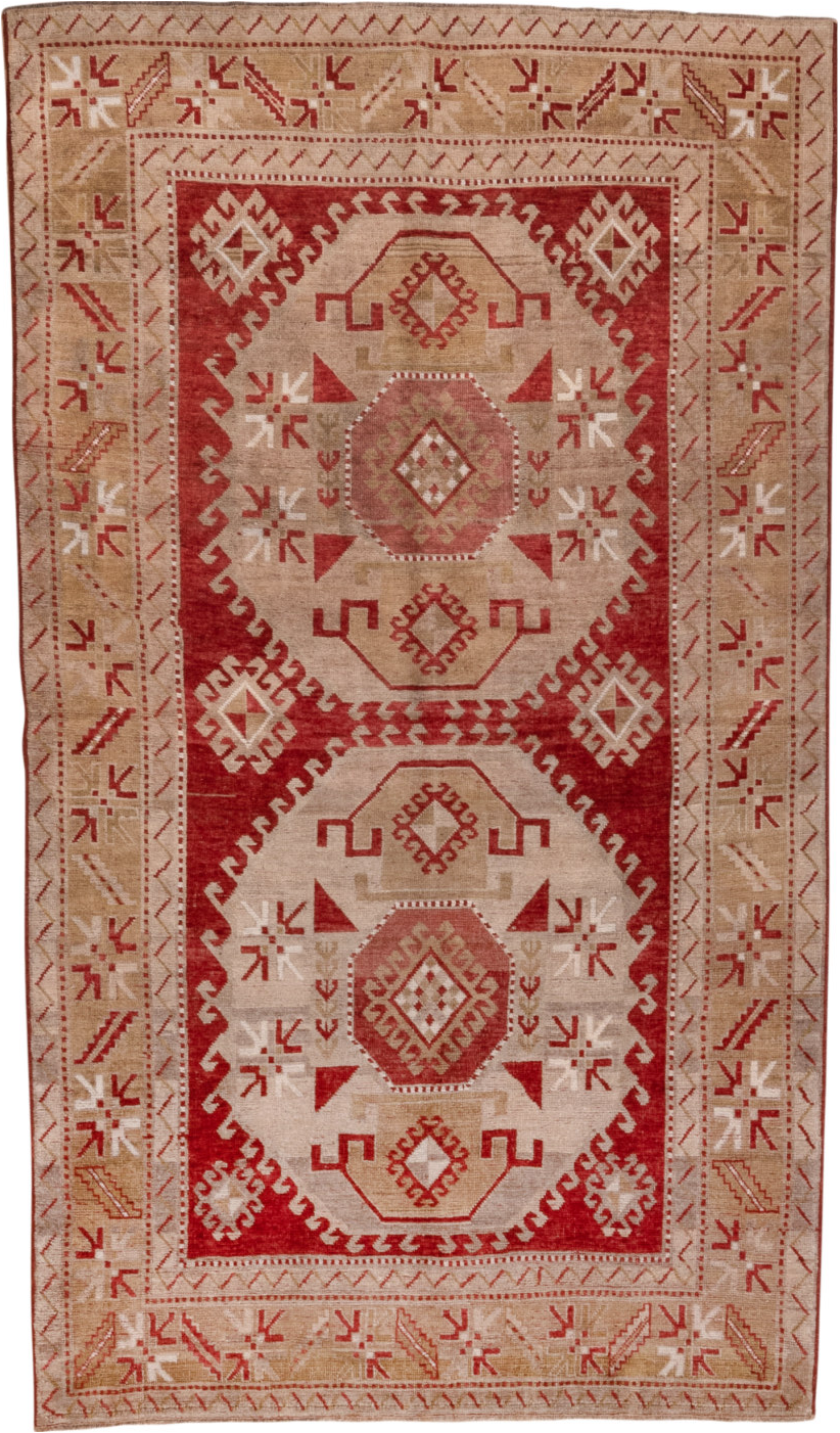 4' x 7' one-of-a-kind handmade vintage Caucasian rug. Color palette: brown, gray, light gray, off-white, pink, red