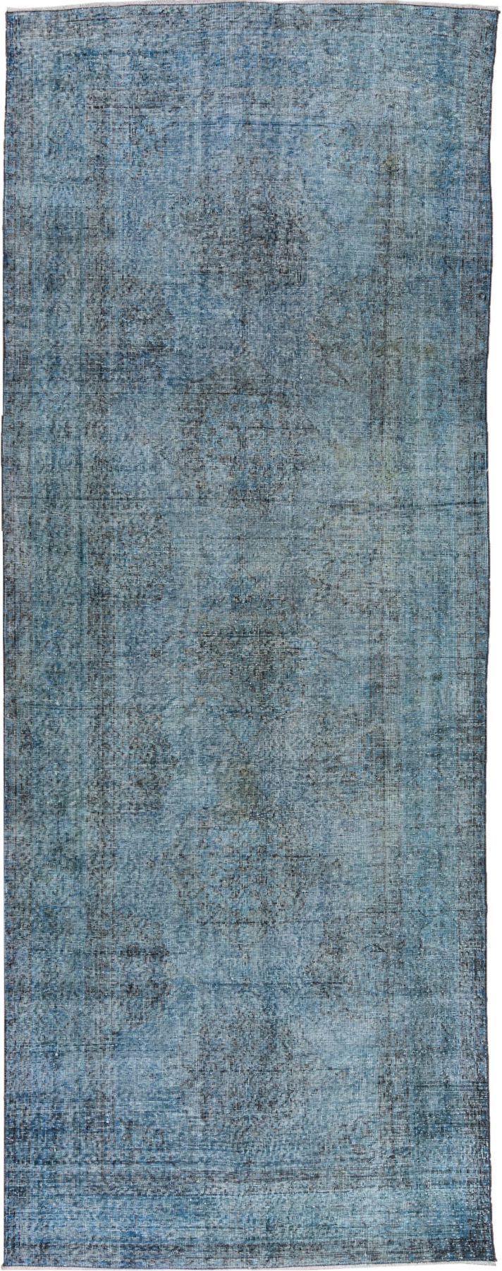 4' x 12' one-of-a-kind handmade vintage Overdyed runner rug. Color palette: arapawa, black, blue, gray, light blue