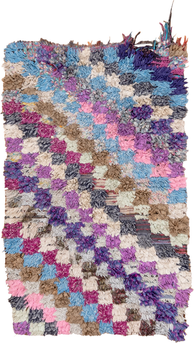 3' x 5' one-of-a-kind handmade vintage Rag Rug small size rug. Color palette: blue, gray, light blue, light gray, off-white