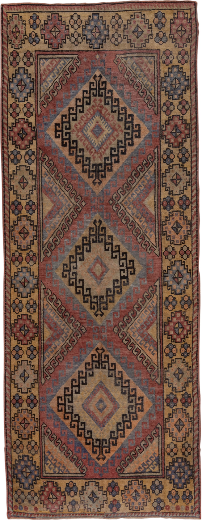 4' x 10' one-of-a-kind handmade vintage Oushak runner rug. Color palette: black, brown, gray, red