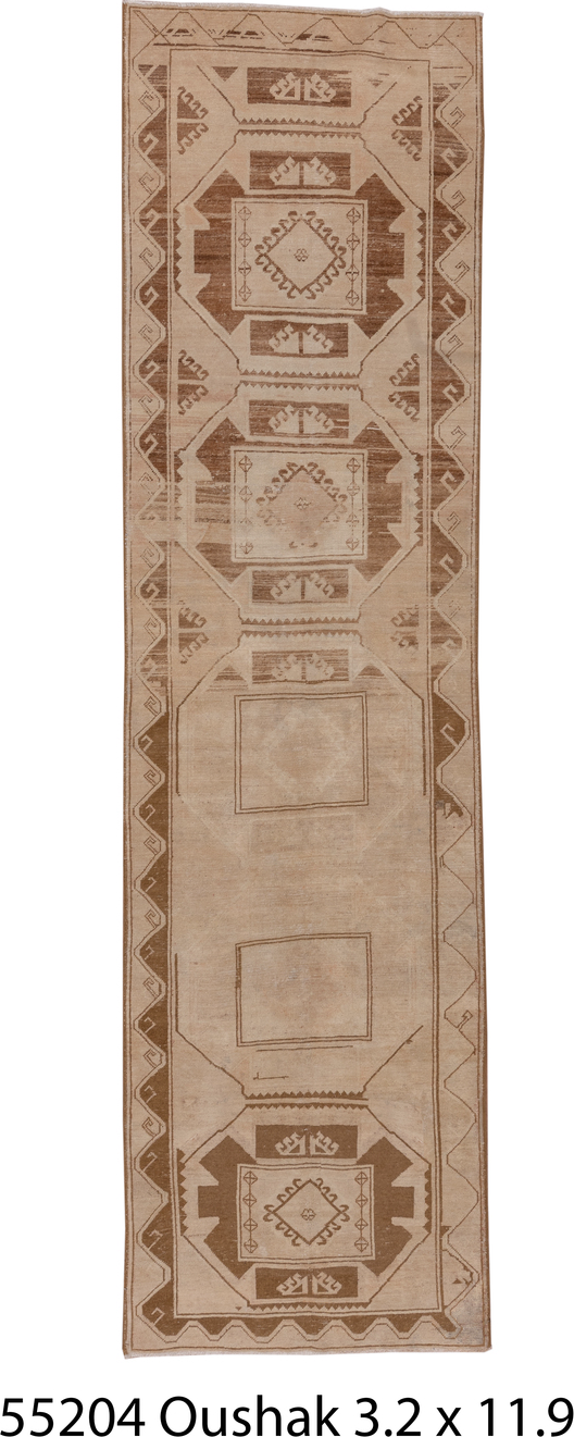3' x 11' one-of-a-kind handmade vintage Oushak runner rug. Color palette: brown, black, off-white, gray, white, snow