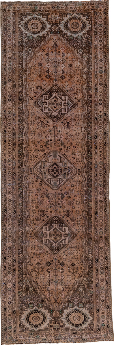 3' x 10' one-of-a-kind handmade vintage Shiraz runner rug. Color palette: pink, gray, brown, black