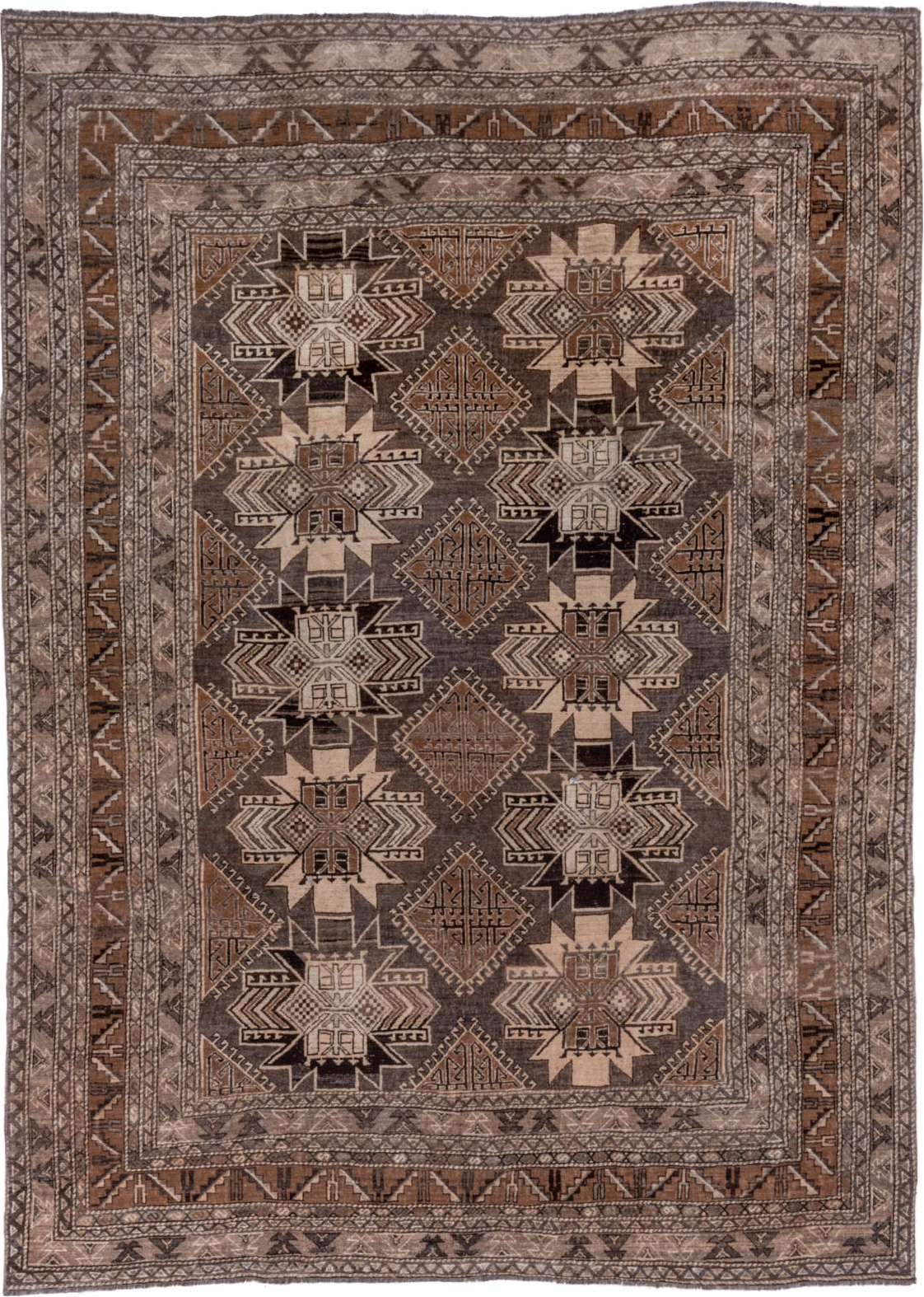7' x 9' one-of-a-kind handmade vintage Afghan rug. Color palette: black, brown, charcoal, gray, light gray, off-white, pink