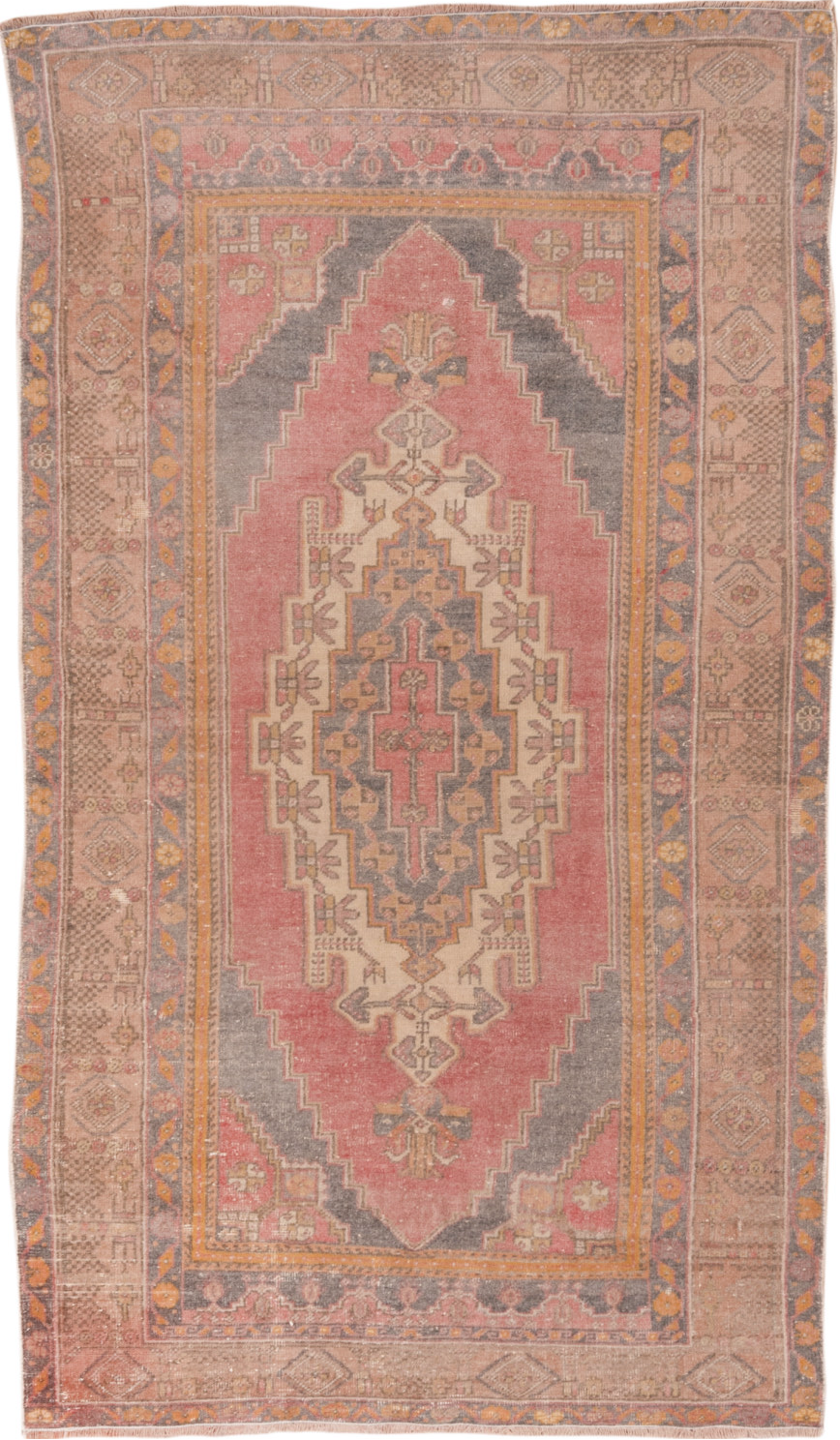 4' x 7' one-of-a-kind handmade vintage Oushak rug. Color palette: brown, gray, light gray, off-white, orange, pink
