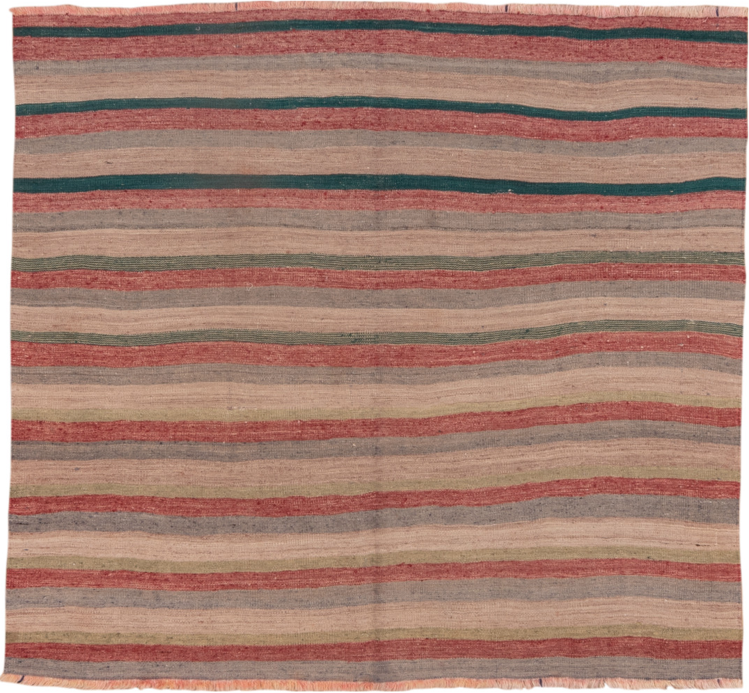 5' x 5' one-of-a-kind handmade vintage Kilim rug. Color palette: blue, brown, gray, orange, pink, red