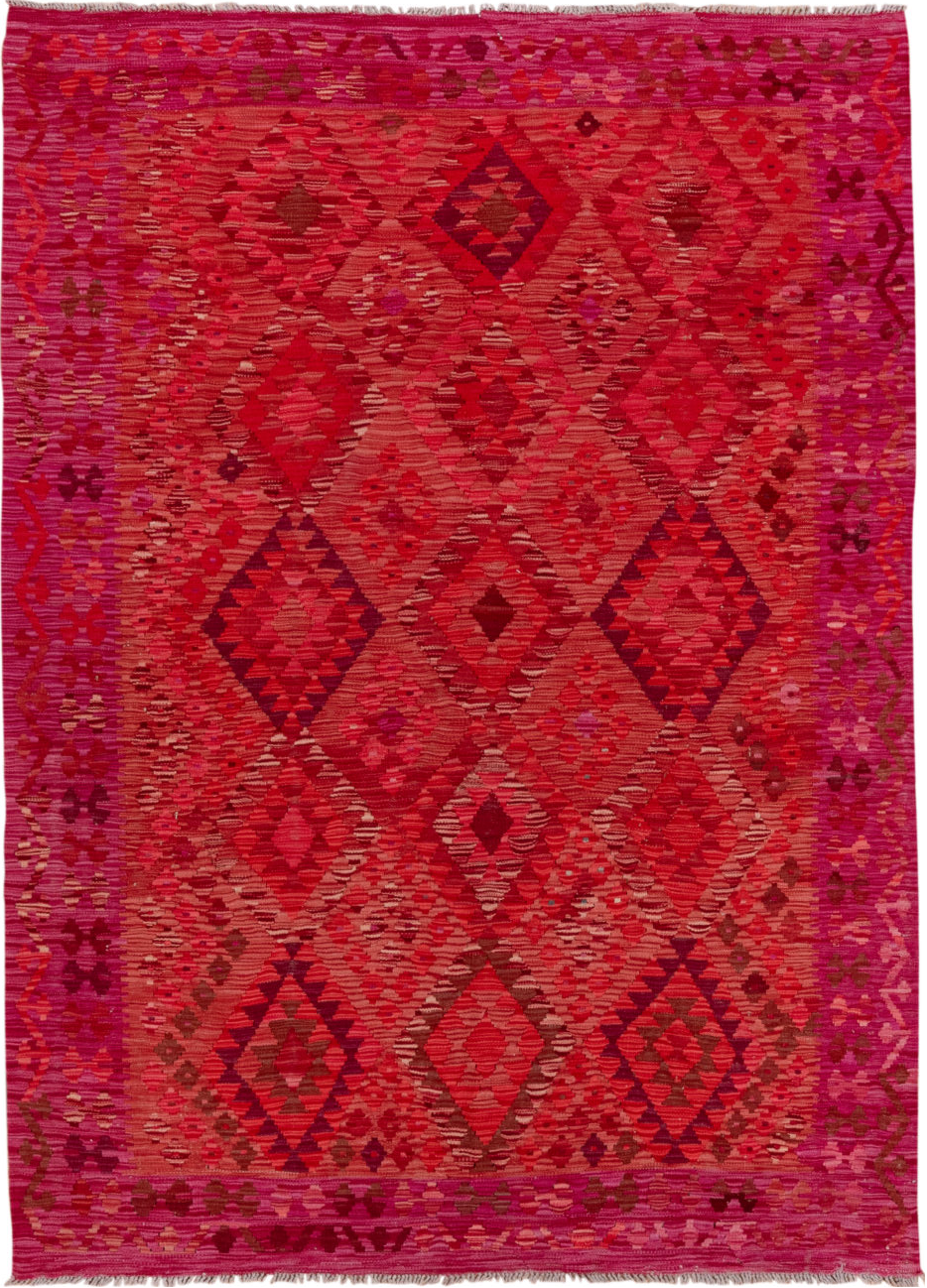 5' x 8' one-of-a-kind handmade vintage Kilim medium size rug. Color palette: brown, dark red, indian red, pink, red