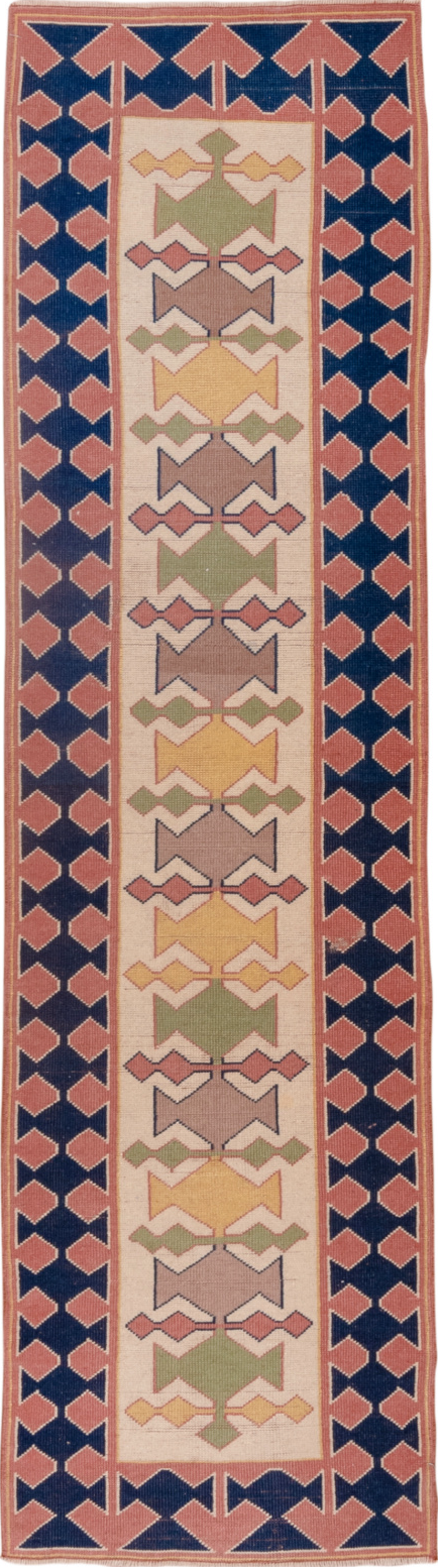 2' x 9' one-of-a-kind handmade vintage Oushak runner rug. Color palette: blue, brown, gray, pink