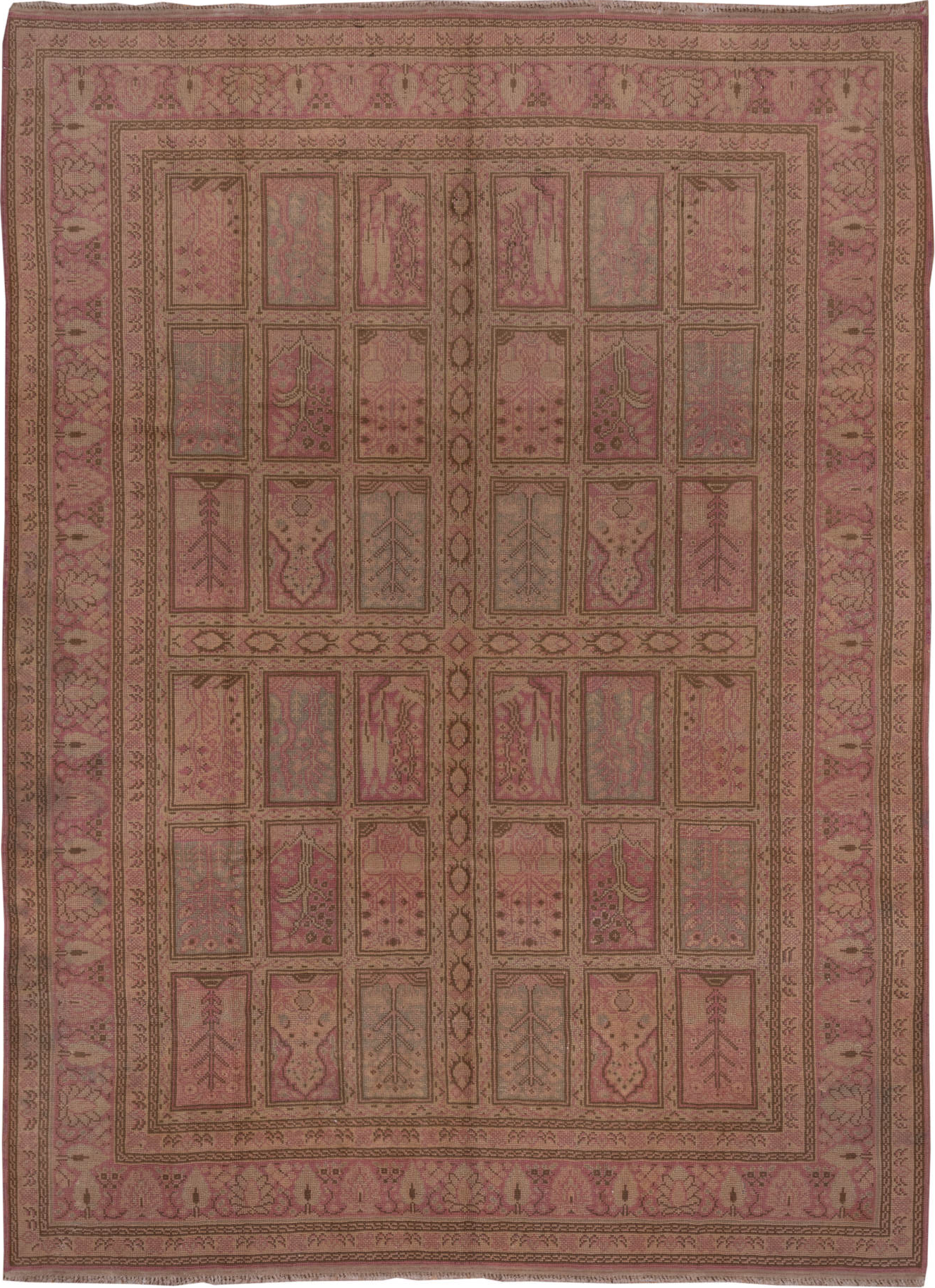 8' x 12' one-of-a-kind handmade vintage Oushak large size rug. Color palette: brown, pink, red, redwood