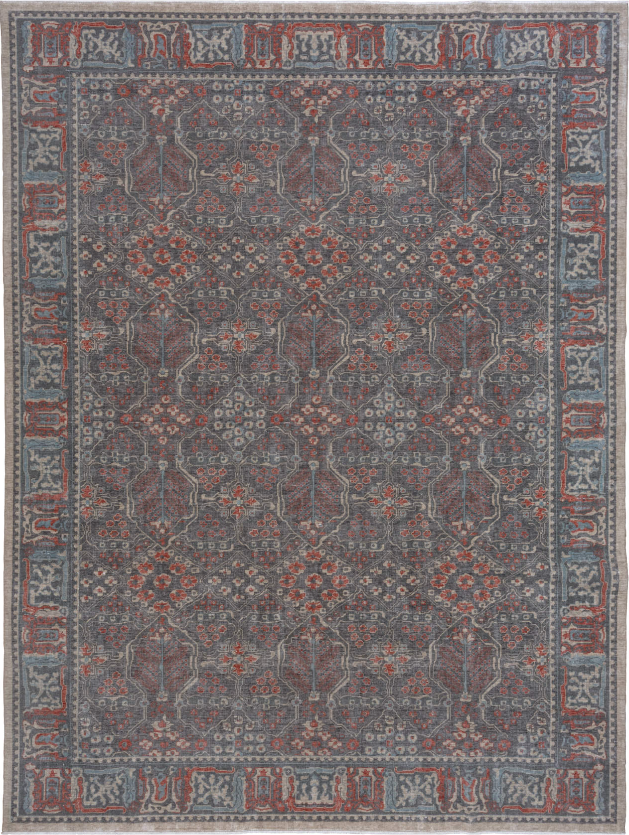 9' x 12' one-of-a-kind handmade vintage Machine large size rug. Color palette: black, brown, charcoal, dark gray, dim gray