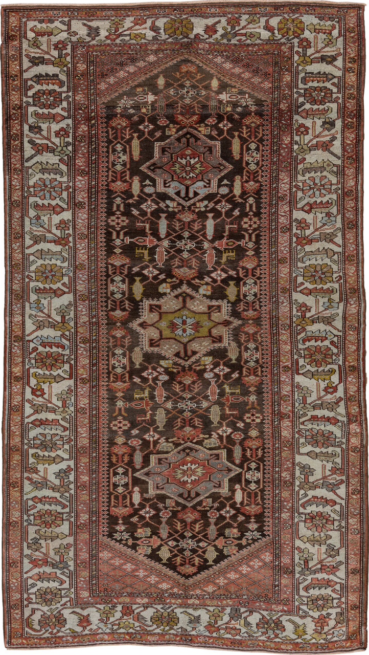 4' x 8' one-of-a-kind handmade vintage Malayer rug. Color palette: off-white, pink, gray, brown, red, white, snow
