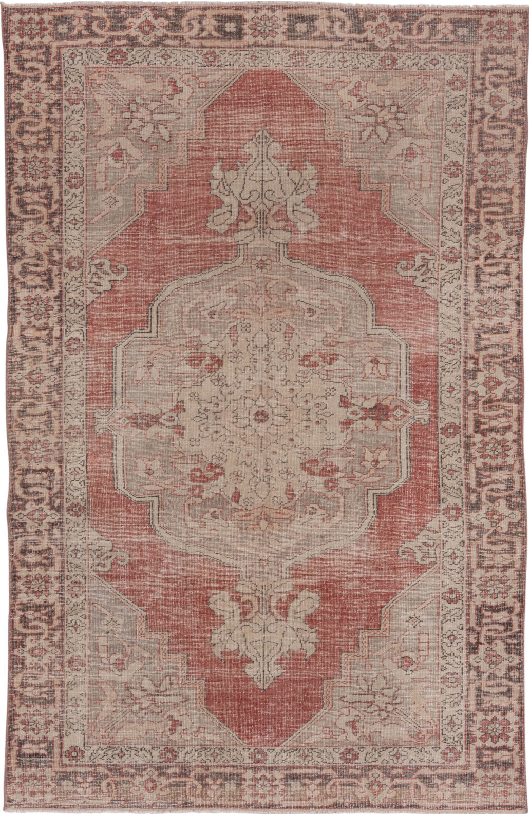 7' x 10' one-of-a-kind handmade vintage Oushak large size rug. Color palette: brown, gray, light gray, off-white, pink, red