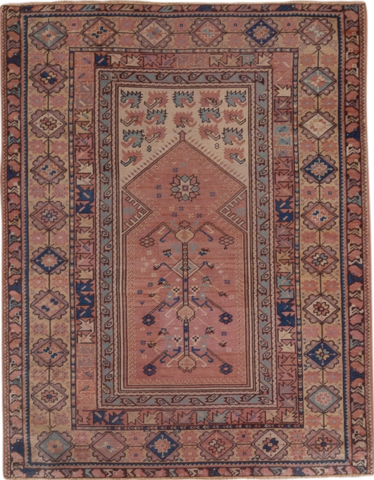 3' x 4' one-of-a-kind handmade vintage Anatol small size rug. Color palette: pink, brown, gray, blue, light gray, off-white