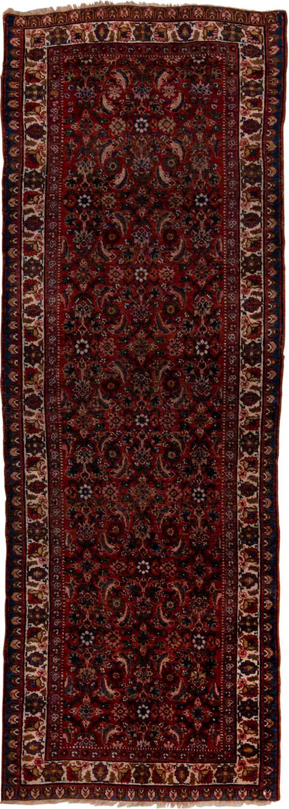 3' x 10' one-of-a-kind handmade vintage Bidjar runner rug. Color palette: black, brown, gray, pink