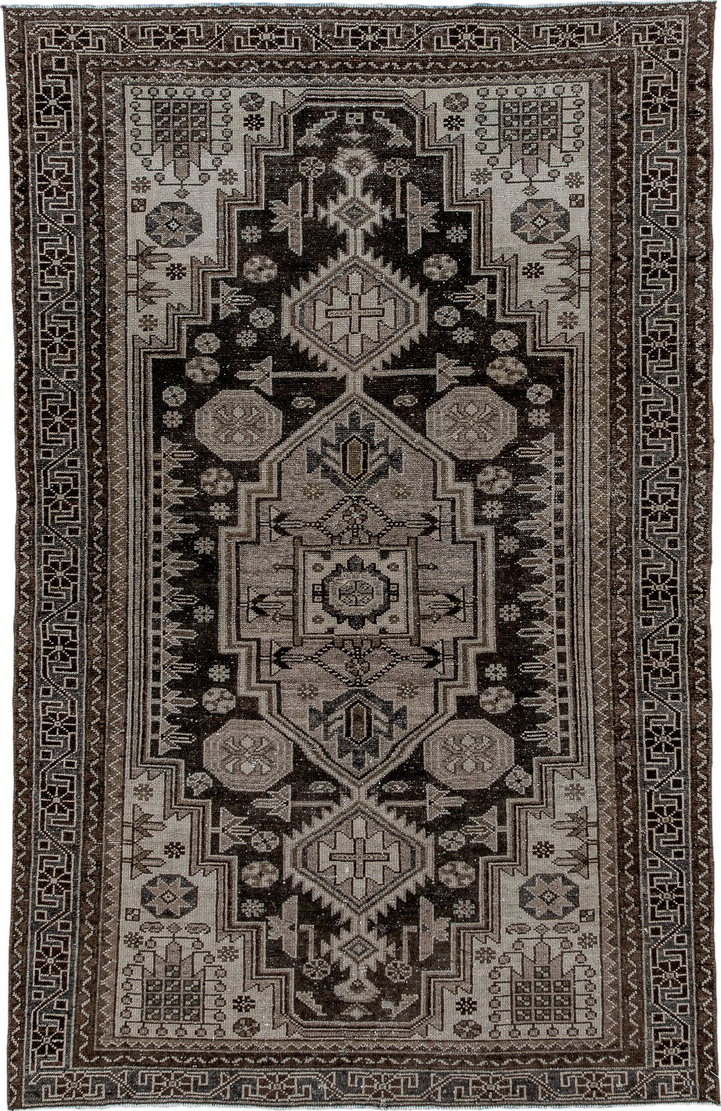 4' x 6' one-of-a-kind handmade vintage Malayer small size rug. Color palette: gray, pink, off-white, light gray, black