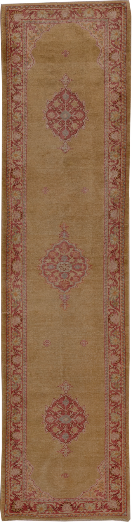 2' x 11' one-of-a-kind handmade vintage Oushak runner rug. Color palette: brown, off-white, pink, red, snow, white