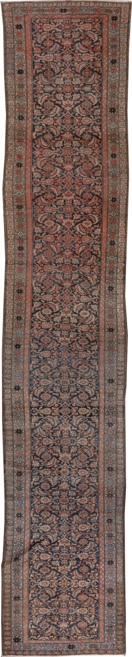 3' x 17' one-of-a-kind handmade vintage Malayer runner rug. Color palette: gray, black, pink, brown, off-white, white, snow