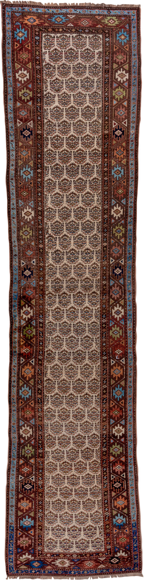 3' x 16' one-of-a-kind handmade vintage Kurd runner rug. Color palette: black, blue, brown, fiord, gray, pink, red