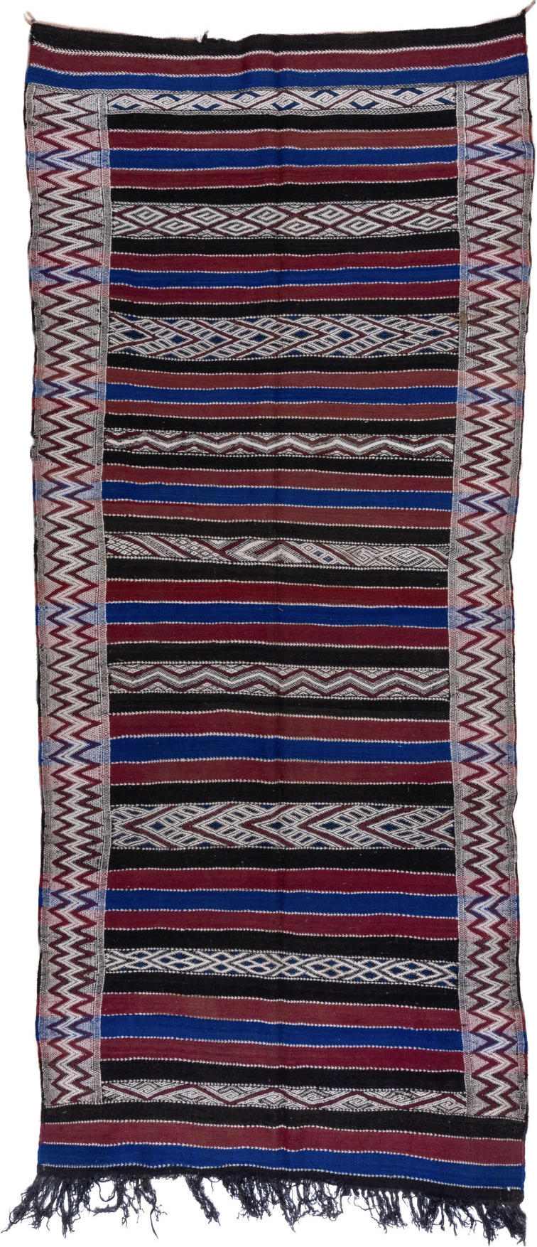5' x 11' one-of-a-kind handmade vintage Kilim runner rug. Color palette: black, blue, brown, dark gray, gray, light gray