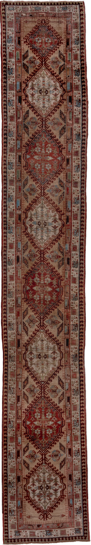 2' x 17' one-of-a-kind handmade vintage Sarab runner rug. Color palette: pink, gray, brown, red, off-white, redwood