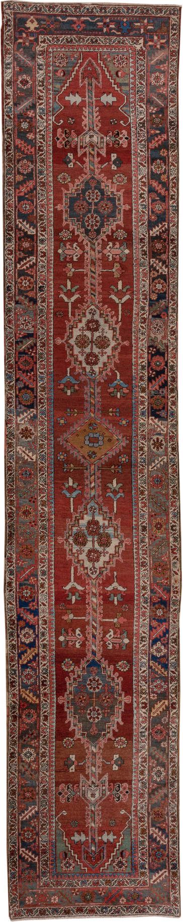 3' x 15' one-of-a-kind handmade vintage Serapi runner rug. Color palette: brown, dim gray, gray, off-white, pink, red, snow