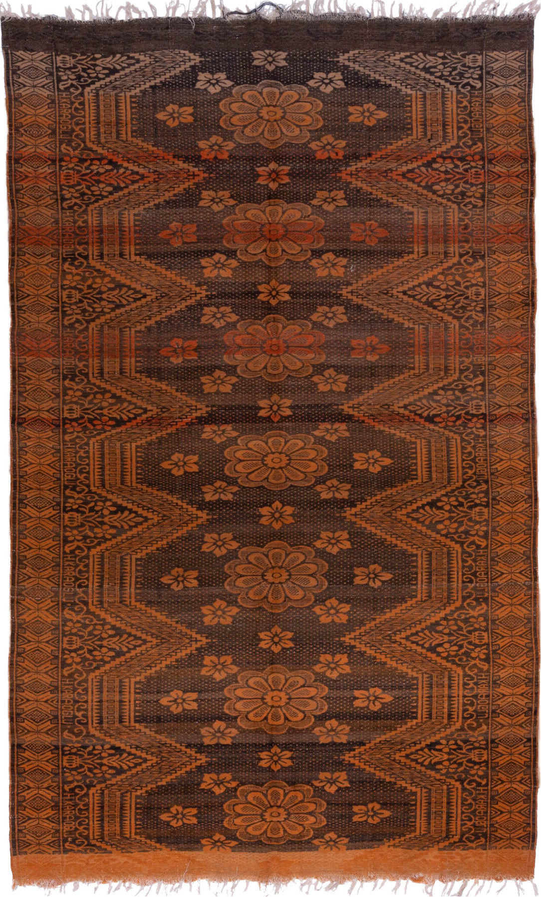 6' x 9' one-of-a-kind handmade vintage Kilim medium size rug. Color palette: brown, gray, light gray, pink, sienna