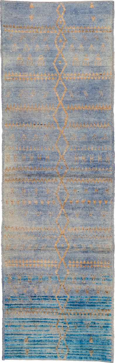 3' x 9' one-of-a-kind handmade vintage Tulu runner rug. Color palette: gray, blue, brown, light gray, light blue, slate gray