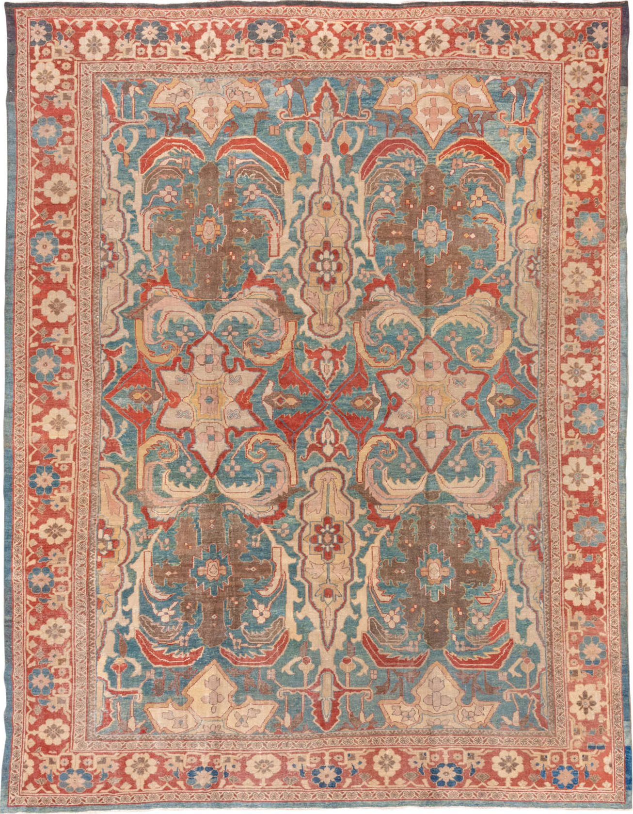 12' x 15' one-of-a-kind handmade vintage Sultanabad oversize rug. Color palette: brown, gray, off-white, orange, pink, red
